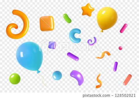 Realistic 3D balloons with colorful party confetti shapes 128502021