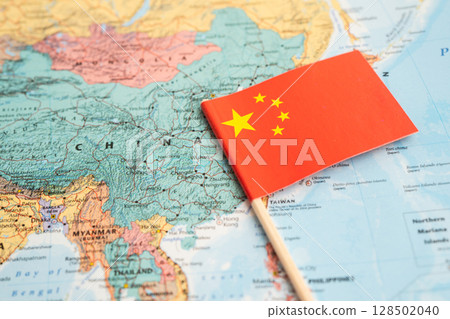 Bangkok, Thailand December 7, 2023, China flag on world map. flag on world map. Bangkok, Thailand December 7, 2023, China flag on world map. flag on world map. 128502040