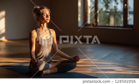 Relaxed woman meditating on a yoga mat 128502056