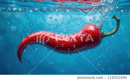 Fiery Red Chili Pepper Submerged in Effervescent Blue Water 128502094