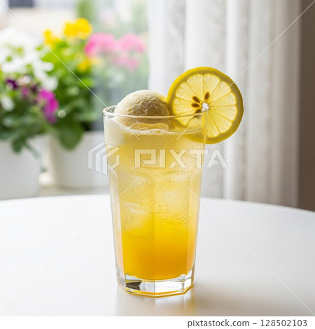 Refreshing lemon soda float placed on the windowsill Yuzu tea | Summer cafe time Coffee shop Drink Ice cream on top Refreshing lemon soda float placed on the windowsill Yuzu tea | Summer cafe time Coffee shop Drink Ice cream on top 128502103