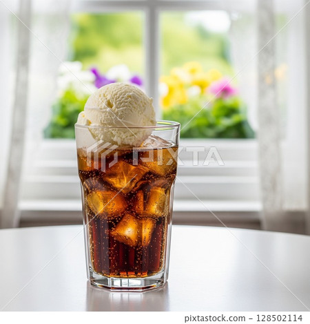 A refreshing cola float placed on a windowsill | Summer cafe time, coffee shop, drink, ice cream A refreshing cola float placed on a windowsill | Summer cafe time, coffee shop, drink, ice cream 128502114