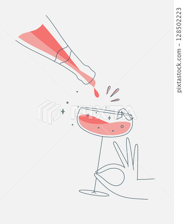 Hand hold glass of champagne and bottle Hand hold glass of champagne and bottle 128502223