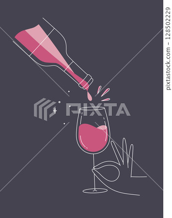 Hand hold glass of wine and bottle dark blue Hand hold glass of wine and bottle dark blue 128502229