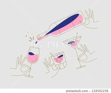 Cocktails glasses with bottle beige 128502236