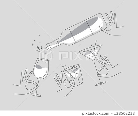 Cocktails glasses with bottle grey Cocktails glasses with bottle grey 128502238