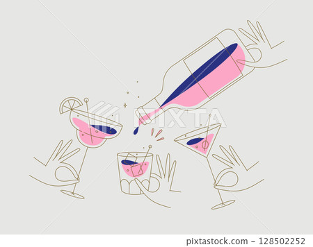 Cocktails glasses pina colada whiskey martini with bottle beige 128502252