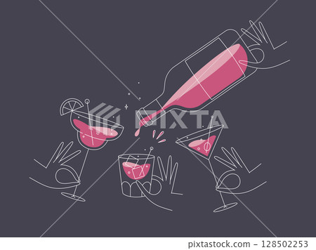 Cocktails glasses pina colada whiskey martini with bottle dark blue 128502253