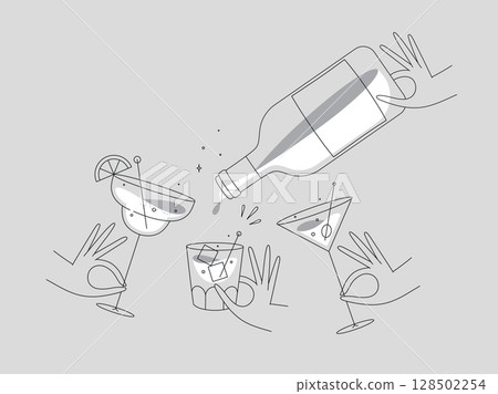 Cocktails glasses pina colada whiskey martini with bottle grey Cocktails glasses pina colada whiskey martini with bottle grey 128502254