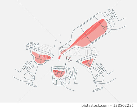 Cocktails glasses pina colada whiskey martini with bottle 128502255