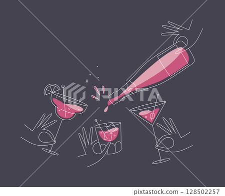 Cocktails glasses pina colada whiskey martini dark blue 128502257