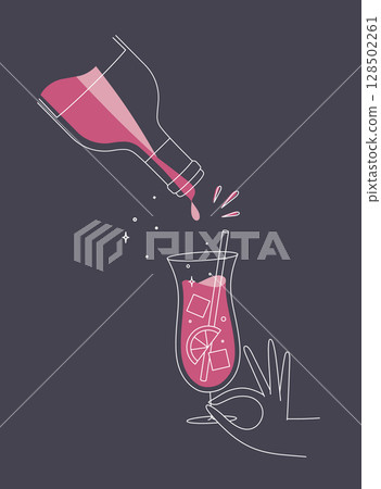 Hand hold glass of pina colada cocktail and bottle dark blue 128502261