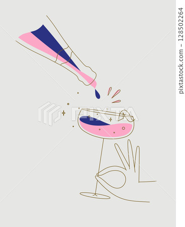 Hand hold glass of champagne and bottle beige Hand hold glass of champagne and bottle beige 128502264