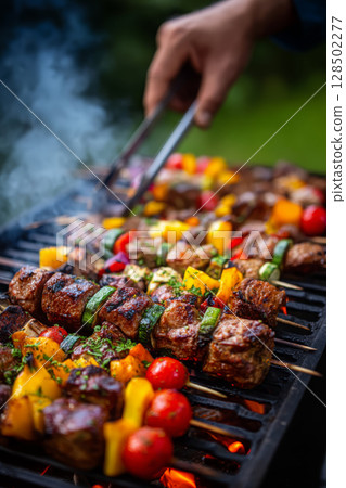 Grilled meat and vegetable skewers on a barbecue, fire smoke in the background 128502277