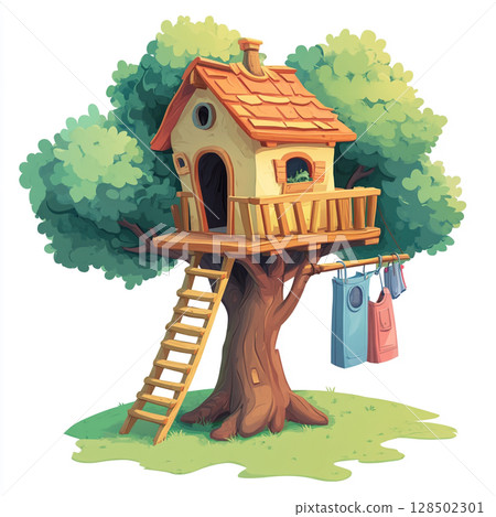 A cheerful cartoon treehouse with an orange wall and balcony, a ladder, and hanging laundry, nestled in a lush green tree on a grassy patch. A cheerful cartoon treehouse with an orange wall and balcony, a ladder, and hanging laundry, nestled in a lush green tree on a grassy patch. 128502301