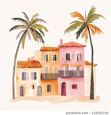 A charming, stylized watercolor illustration depicts a cluster of colorful Mediterranean houses with palm trees against a light beige background. A charming, stylized watercolor illustration depicts a cluster of colorful Mediterranean houses with palm trees against a light beige background. 128502338