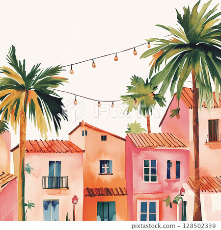 A charming, stylized watercolor illustration depicts a cluster of colorful Mediterranean houses with palm trees against a light beige background. A charming, stylized watercolor illustration depicts a cluster of colorful Mediterranean houses with palm trees against a light beige background. 128502339