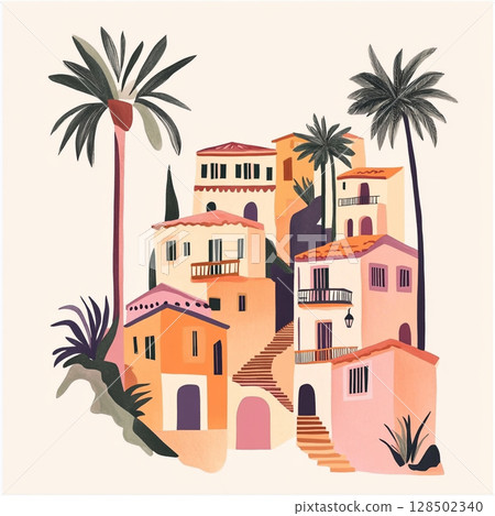 A charming, stylized watercolor illustration depicts a cluster of colorful Mediterranean houses with palm trees against a light beige background. A charming, stylized watercolor illustration depicts a cluster of colorful Mediterranean houses with palm trees against a light beige background. 128502340