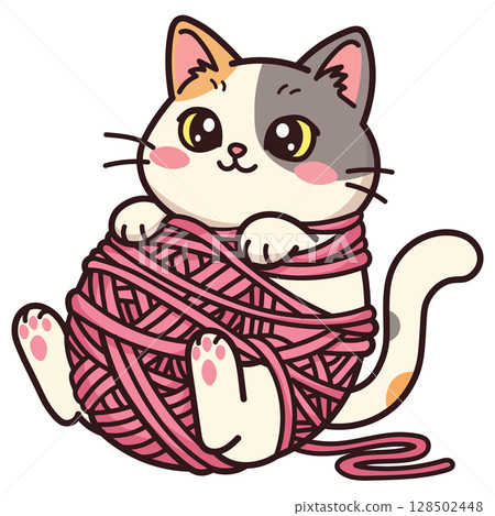 Cute kawaii calico cat tangled in a big ball of pink yarn. Funny character for knitting, crochet, and craft lovers. Adorable vector mascot for handmade shops, blogs, and craft room decor. Isolated on  128502448