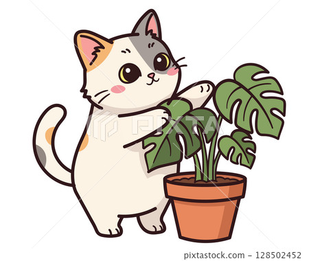 Cute kawaii calico cat playing with a monstera deliciosa plant in pot. Adorable vector cartoon character illustration for stickers, nursery decor, and prints. Isolated on white background. Cute kawaii calico cat playing with a monstera deliciosa plant in pot. Adorable vector cartoon character illustration for stickers, nursery decor, and prints. Isolated on white background. 128502452