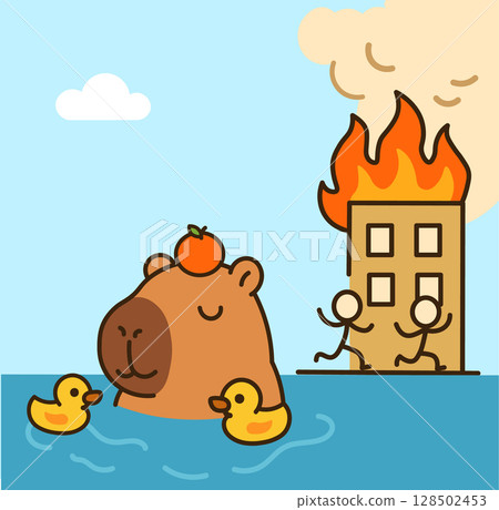 Funny "This is Fine" meme concept with a calm capybara relaxing in water, ignoring a burning building. Sarcastic vector illustration about chaos, stress, deadlines, and burnout. Perfect for office hum Funny "This is Fine" meme concept with a calm capybara relaxing in water, ignoring a burning building. Sarcastic vector illustration about chaos, stress, deadlines, and burnout. Perfect for office hum 128502453