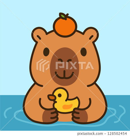 Cute kawaii capybara hugging a yellow rubber duck while bathing, with a yuzu fruit on its head. Adorable character symbolizing friendship, kindness, and simple joys. Perfect vector illustration for nu 128502454