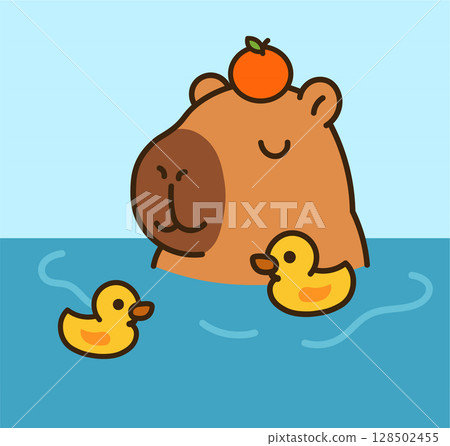 Cute kawaii capybara relaxing in a yuzu onsen bath with little rubber ducks. Zen and peaceful character for wellness and self-care themes. Perfect vector illustration for stickers, spa decor, and ment 128502455