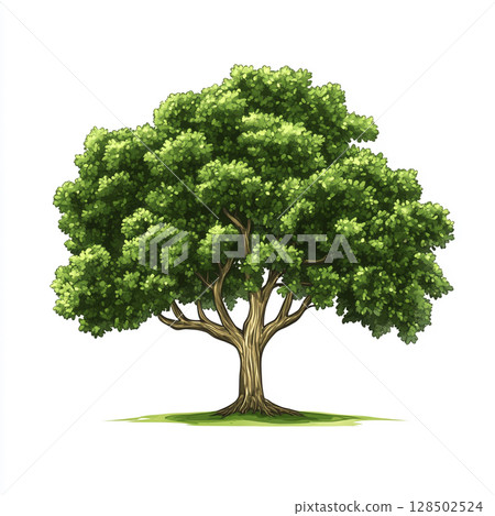 A vibrant, full-grown oak tree with dense green foliage and a sturdy brown trunk stands on a patch of grass against a clean white background. 128502524
