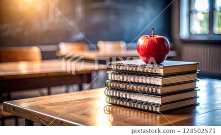 Stack of Notebooks and Apple on Table. Back to School Concept. Generated image 128502571
