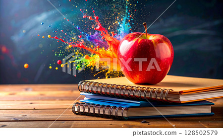 Stack of Notebooks and Apple on Table. Back to School Concept. Generated image Stack of Notebooks and Apple on Table. Back to School Concept. Generated image 128502579