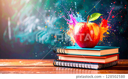 Stack of Notebooks and Apple on Table. Back to School Concept. Generated image Stack of Notebooks and Apple on Table. Back to School Concept. Generated image 128502580