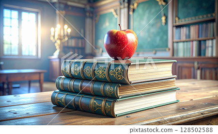 Stack of Notebooks and Apple on Table. Back to School Concept. Generated image Stack of Notebooks and Apple on Table. Back to School Concept. Generated image 128502588