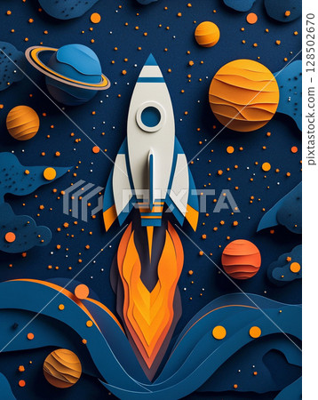 A stylized paper-cut illustration depicts a white rocket launching from orange clouds, surrounded by planets and stars against a deep blue space background. 128502670