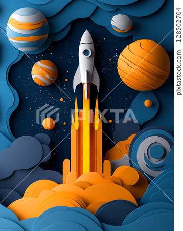 A stylized paper-cut illustration depicts a white rocket launching from orange clouds, surrounded by planets and stars against a deep blue space background. A stylized paper-cut illustration depicts a white rocket launching from orange clouds, surrounded by planets and stars against a deep blue space background. 128502704