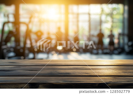 A close-up of a wooden table surface in the foreground, with a blurred gym interior and sunlit windows in the background. 128502779