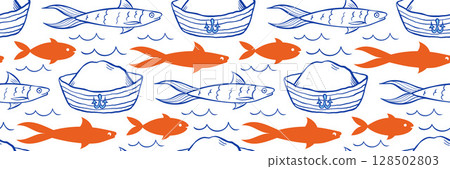 Fashion doodle pattern with sailor hat and sardine. Trendy marine orange and blue vector background. Ideal for packaging, prints, lifestyle branding. Hand drawn vector illustration in nautical style. 128502803