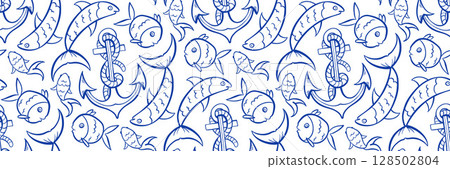 Marine hand drawn doodle pattern with assorted fish and anchor. Blue background for men product, packaging and textiles, branding Blue nautical vector illustration with minimal clean look. 128502804