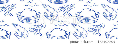 Marine style blue doodle pattern with shrimp, fisherman cap, knot and waves. Background for packaging, textile and men gift. Quirky nautical vector doodle illustration. 128502805