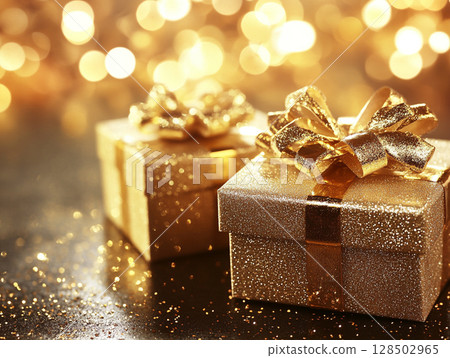 Two sparkling golden gift boxes with bows, set against a shimmering gold bokeh background, evoking celebration and luxury. 128502965