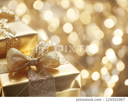 Two sparkling golden gift boxes with bows, set against a shimmering gold bokeh background, evoking celebration and luxury. 128502967