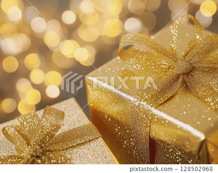 Two sparkling golden gift boxes with bows, set against a shimmering gold bokeh background, evoking celebration and luxury. 128502968