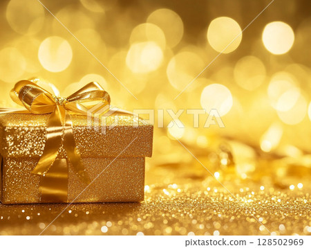 Two sparkling golden gift boxes with bows, set against a shimmering gold bokeh background, evoking celebration and luxury. 128502969