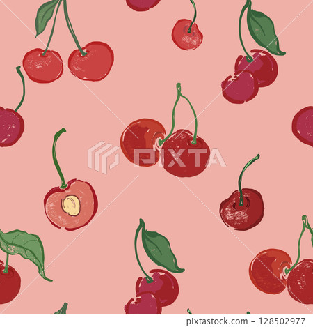 Vector seamless pattern of fresh cherry and slices. Hand-drawn ripe fruits isolated on pink background. Tasty food illustration for design, print, fabric or background. 128502977
