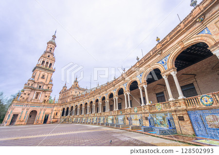 Plaza de Espana Seville Spain Historic Architecture Tower and Arches. Plaza de Espana Seville Spain Historic Architecture Tower and Arches. 128502993