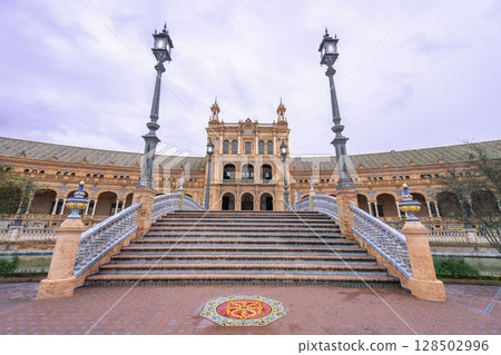 Plaza de Espana Seville Spain Bridge and Historic Building Facade. 128502996
