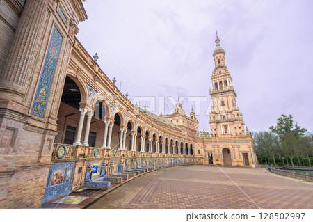 Sevilla Plaza de Espana Arcade at Spring Dusk Rainy Sky. Sevilla Plaza de Espana Arcade at Spring Dusk Rainy Sky. 128502997