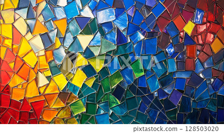 A vibrant mosaic made of irregular, colorful glass pieces, transitioning from warm reds and yellows on the left to cool blues and greens on the right. A vibrant mosaic made of irregular, colorful glass pieces, transitioning from warm reds and yellows on the left to cool blues and greens on the right. 128503020