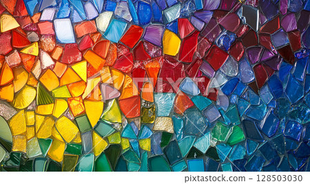 A vibrant mosaic made of irregular, colorful glass pieces, transitioning from warm reds and yellows on the left to cool blues and greens on the right. 128503030