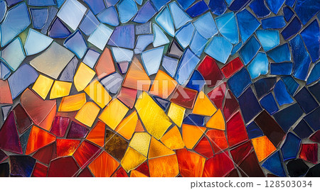 A vibrant mosaic made of irregular, colorful glass pieces, transitioning from warm reds and yellows on the left to cool blues and greens on the right. 128503034