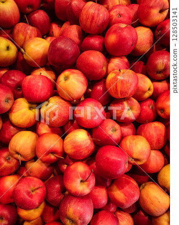 Red apples forming a colorful display at a market 128503141